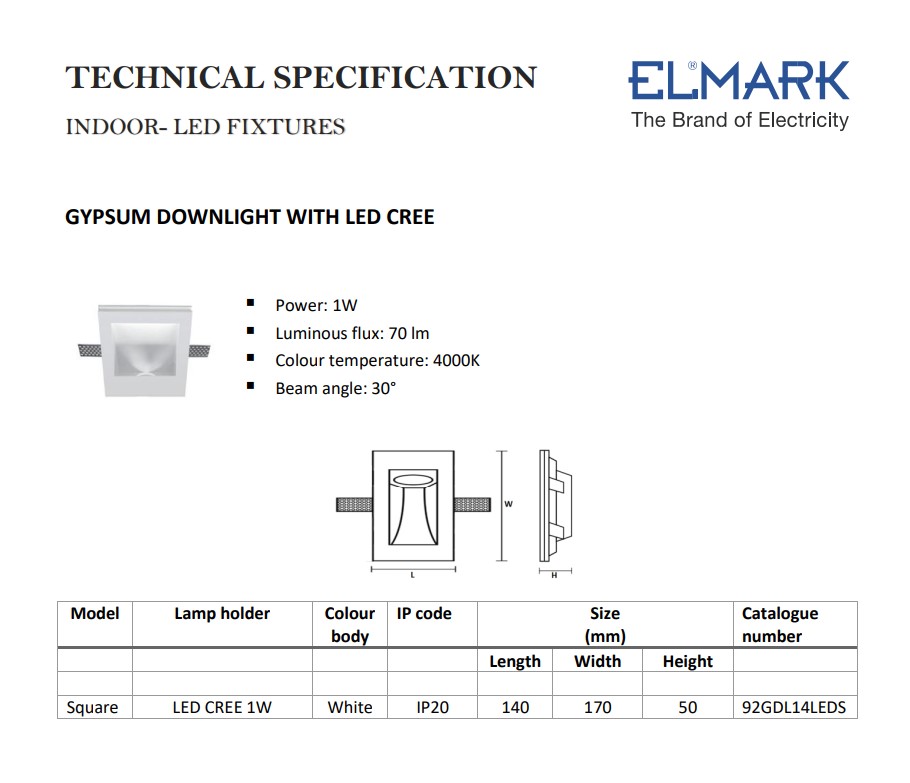 92GDL14LEDS APPLIQUE LED EN GYPSE 1x1W ENCASTRÉE