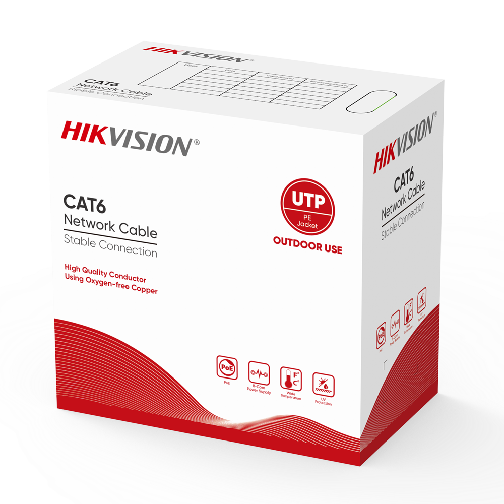 Hikvision DS-1LN6OUTPE Câble réseau extérieur CAT6 U/UTP (cuivre massif, 0,51 mm²)  - 305m