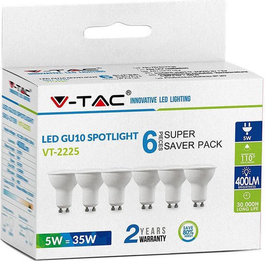 Projecteur en plastique blanc SMD VT-2225 5 W - Couvercle laiteux GU10 110'D, paquet de 6