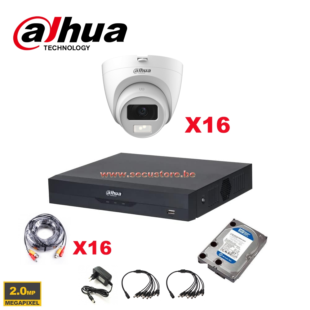DAHUA KIT 16CH CCTV HDCVI 2MP DVR 16CH &amp; 16X Binnen-/Buitencamera 2MP - HD 2TB