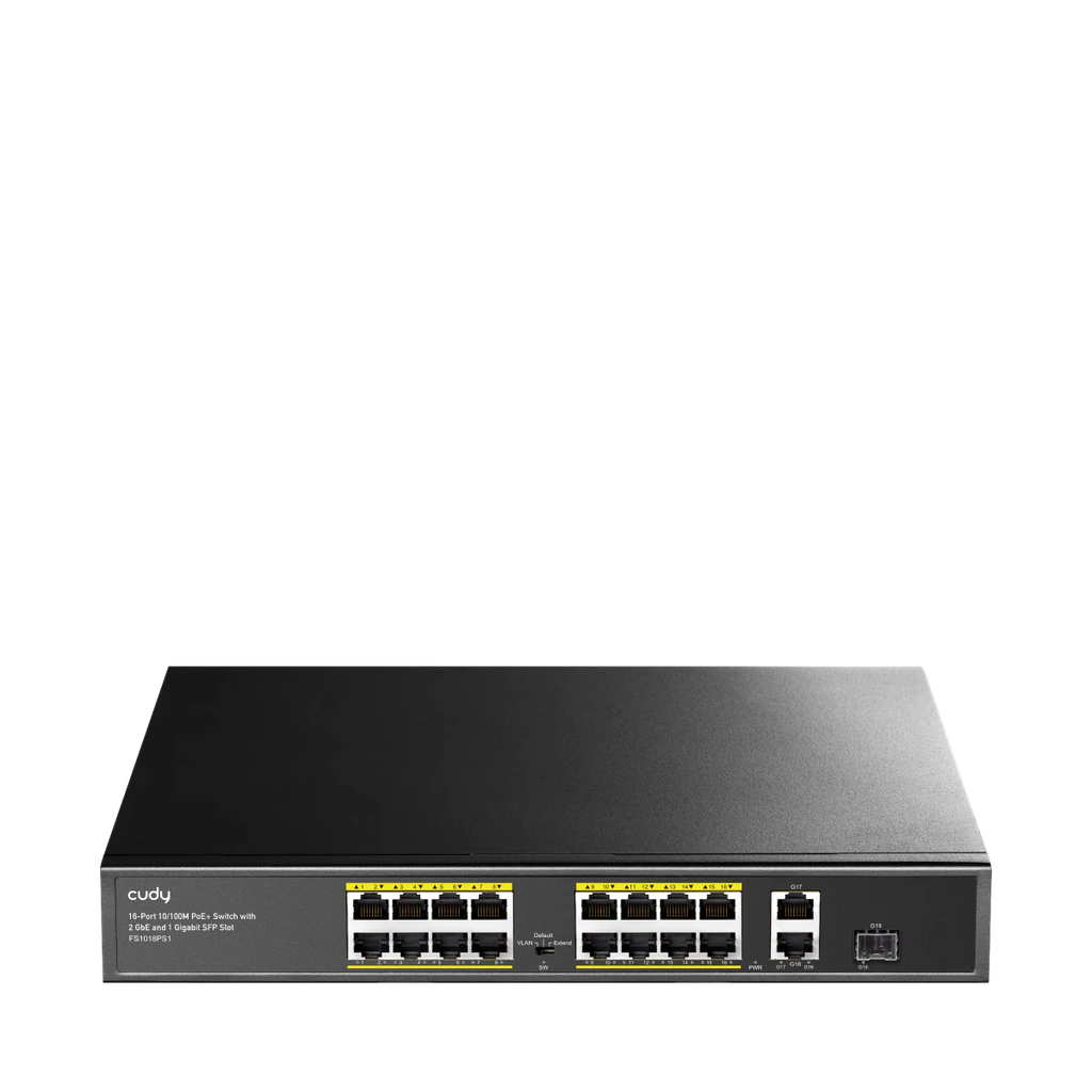 Cudy Switch - 16-poorts 10/100M PoE+ switch met 2 Gigabit uplinkpoorten en 1 SFP-poort