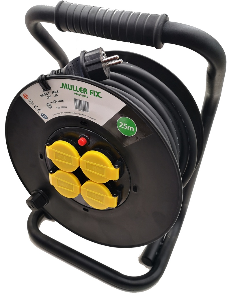 Enrouleur de câble professionnel Muller-Fix - 25 m - 4 prises - IP44, H07RN-F - 3G2.5 - 16 A - 250 V - 3 600 W