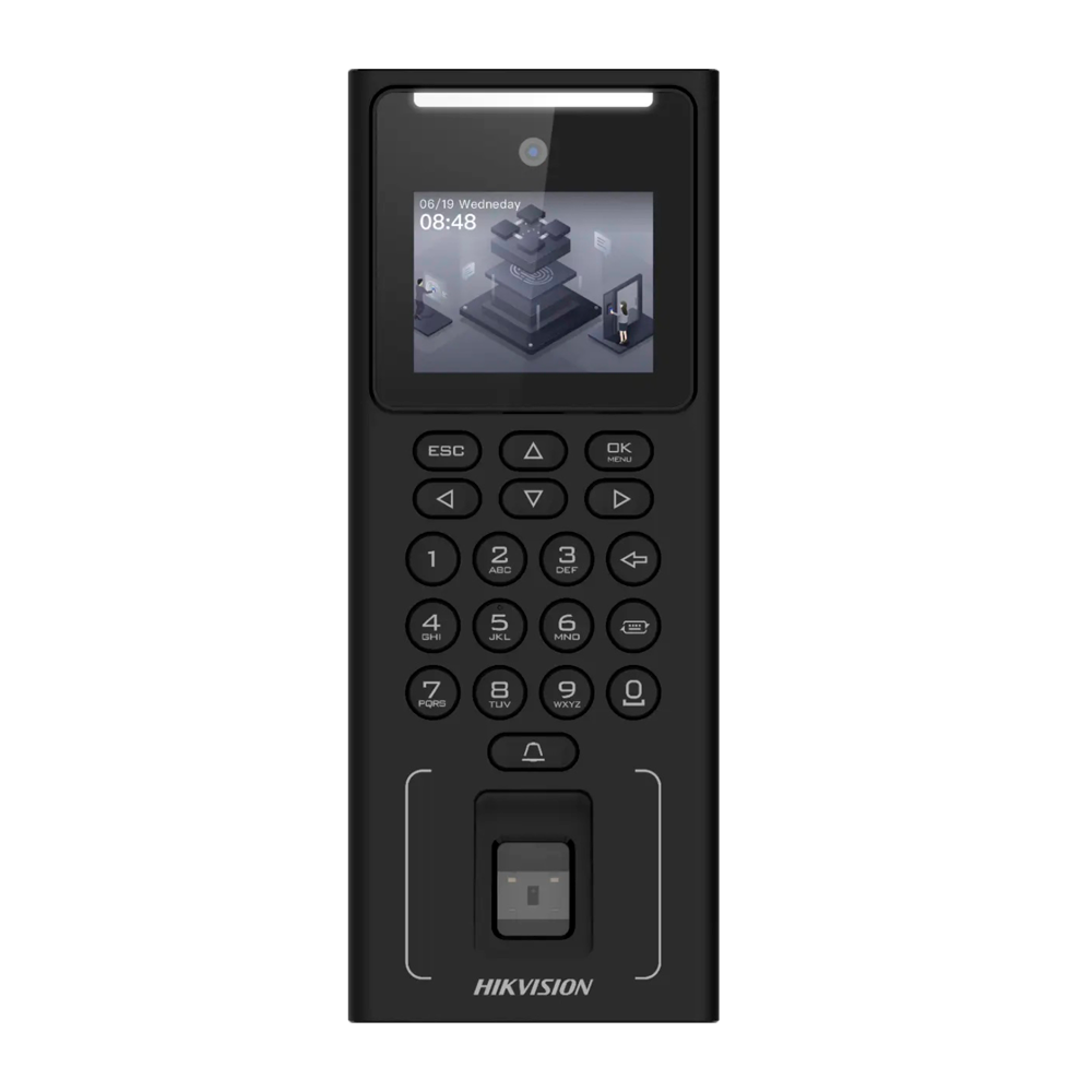 Hikvision DS-K1T321MFWX Terminal voor toegangscontrole en aanwezigheidsregistratie Facial, digitale kaart, MF kaart en PIN - TCP/IP, USB en RS485 2.4" TFT | Geïntegreerde bediening iVMS-4200 | Hik-Connect