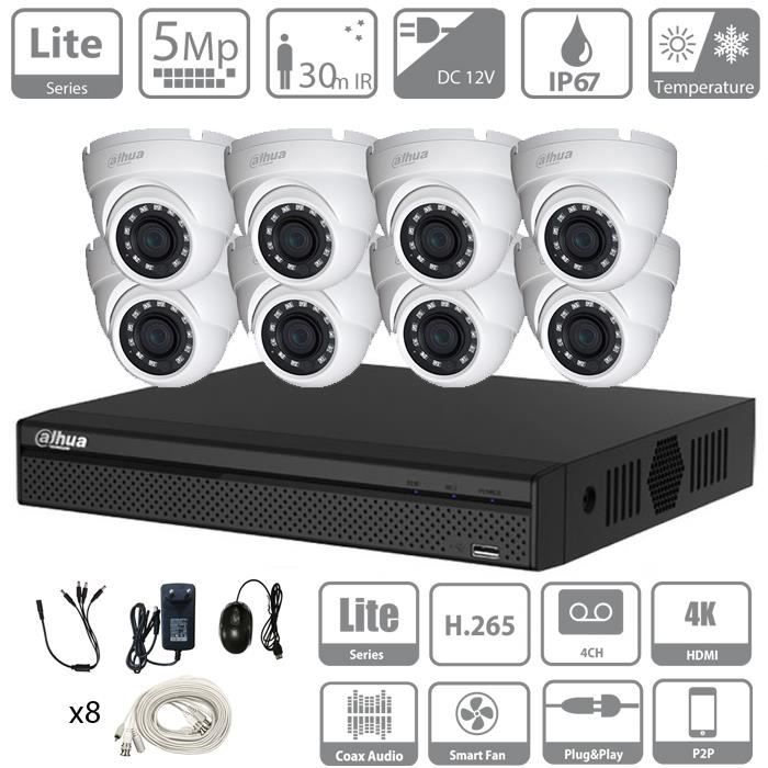 DAHUA 8CH KIT HDCVI 5MP DVR 8CH &amp; 8X Camera Turret 5MP Binnen/Buiten - HD 2TB