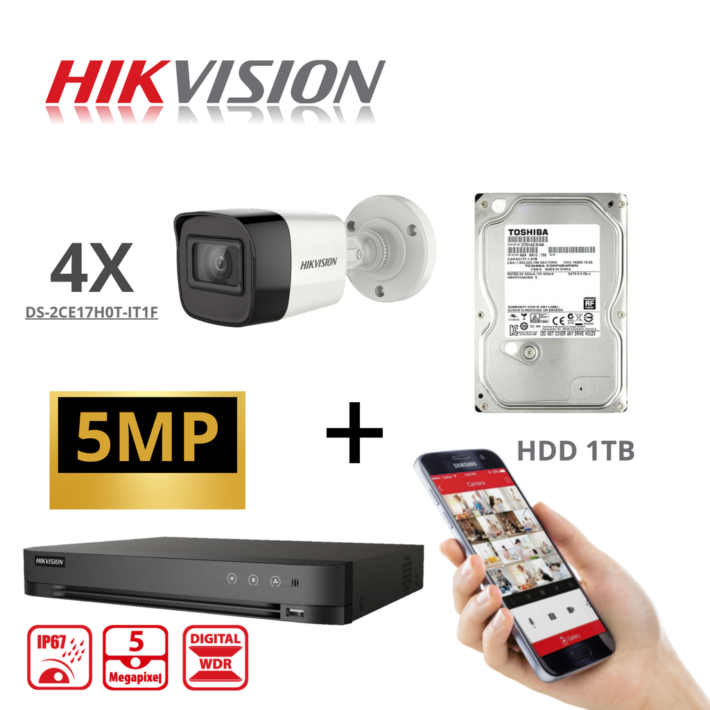 HIKVISION Set Turbo-HD 5 MP 4x Caméra - DVR 8 canaux - 4x 5MP Bullet Caméra Intérieur/Extérieur 2 To Disque dur