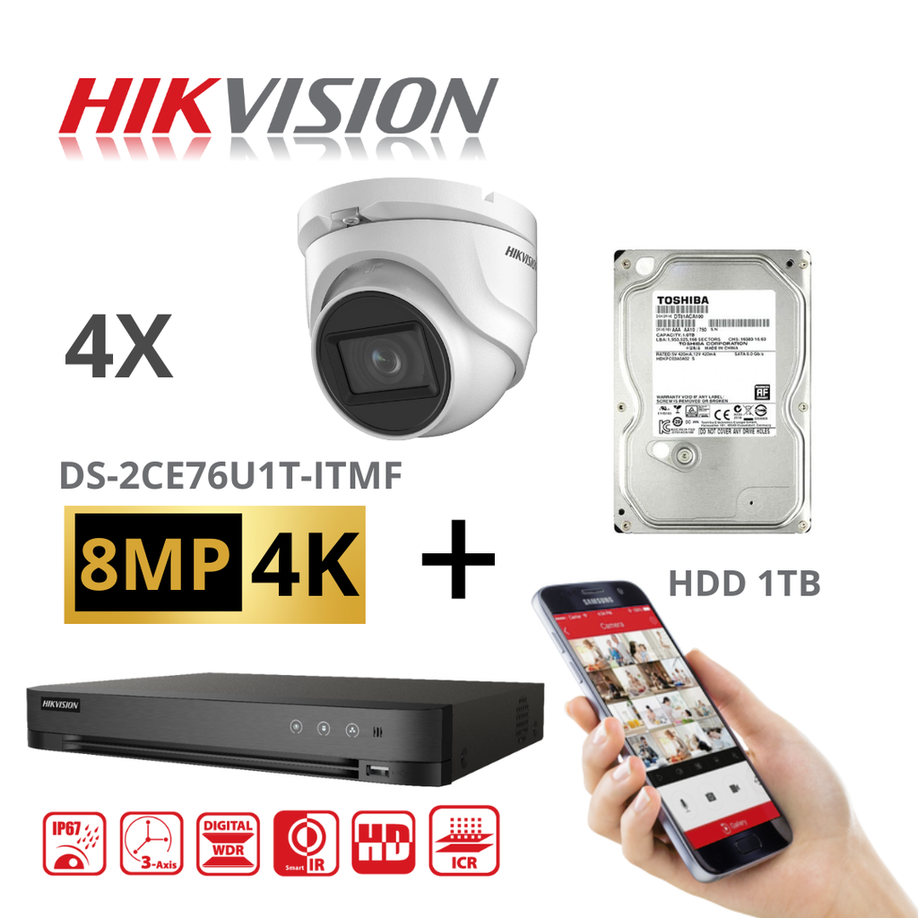 HIKVISION Set 8MP-4K Turbo-HD DVR 4 Channel - 4x 8MP Turret Camera Indoor/Outdoor 2TB HDD