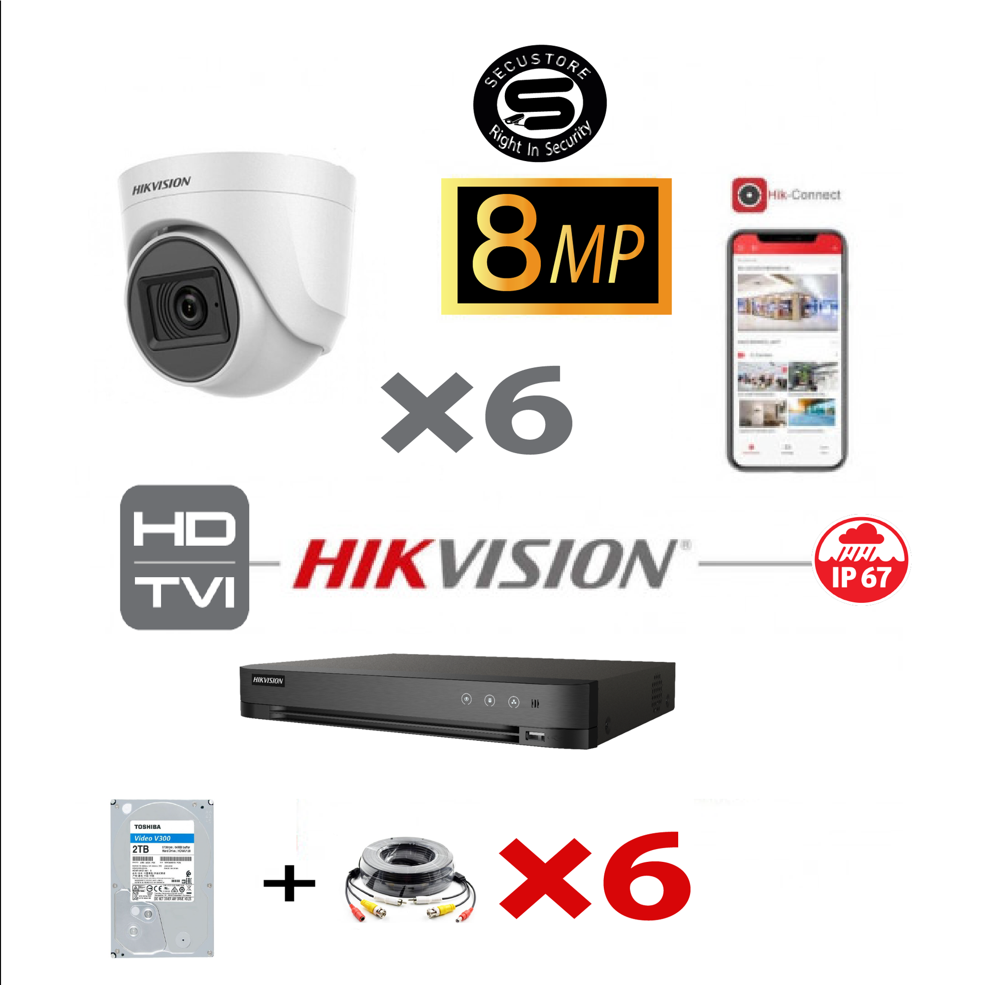[TVIKIT8M-T6X-4TB] HIKVISION Turbo-HD 6xCamera 8MP-4K DVR 8CH HD Kit  - 6x 8MP White Turret Camera Indoor/Outdoor- 4TB HDD