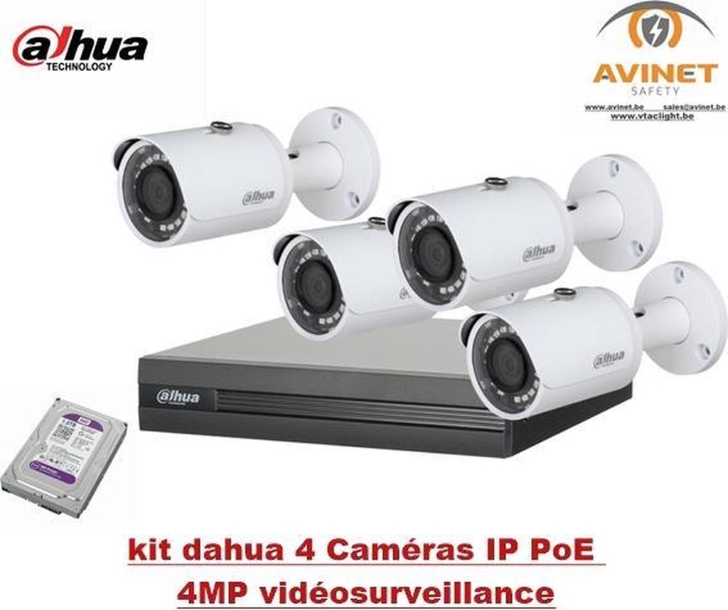 Dahua IP Camera KIT puts 4 x HFW1220S-S2 Full HD 2MP bullet en 1 x NVR2104-P-S2 PoE recorder puts 1TB harde schijf