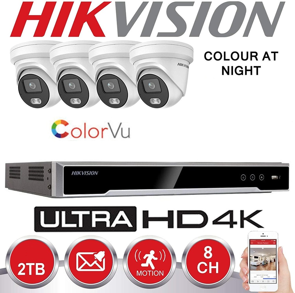 Kit de surveillance IP HIKVISION 4x Caméras Colorvu G1 ProIP 4 MP Objectif fixe 4,0 mm IR 30 M + NVR HIKVISION 4 canaux - disque dur préinstallé 2 To