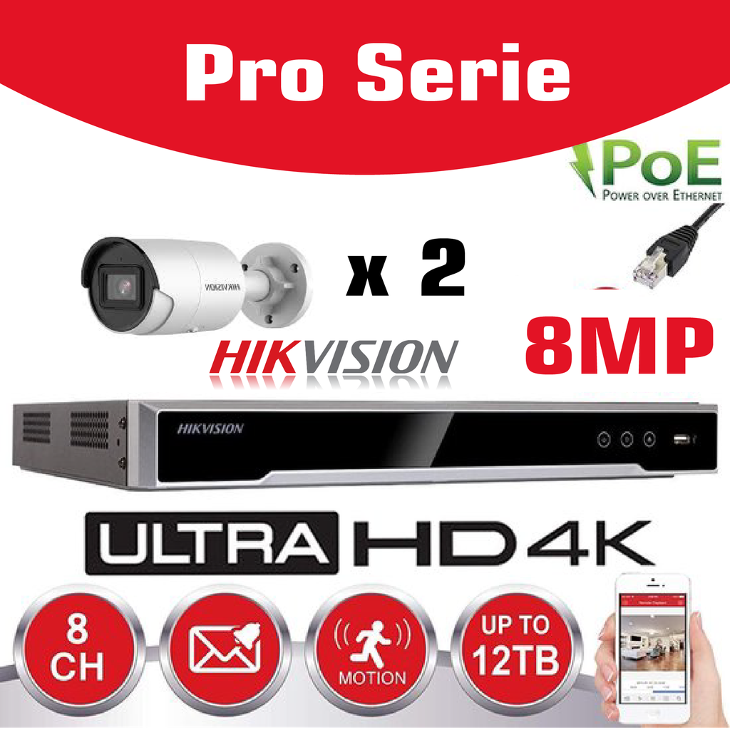 HIKVISION 8MP Surveillance Camera Kit  Pro Serie - NVR 4Ch  4K UHD IP POE - 2x 8MP IP Bullet CAMERA Pro-Serie In/Outdoor Night Vision IR Up to 30m  Hard Disk In Option