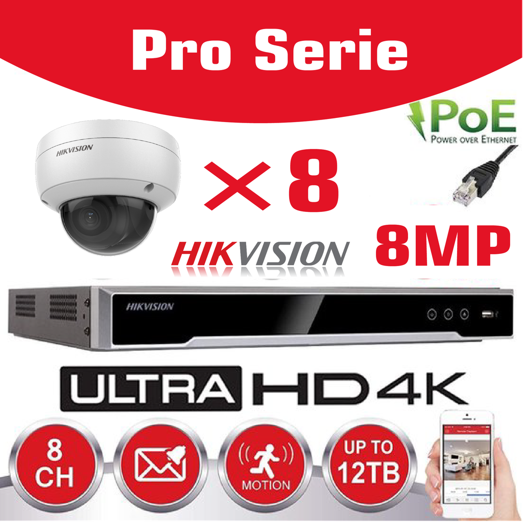 Hikvision IP-Kit 8x Camera 8MP IR / Essential Serie DS-2CD2183G0-IU Audio Dome Camera IR Standard 30m - recorder NVR DS-7608NXI-K1/8P 8channel - 4TB Hard Disk installed
