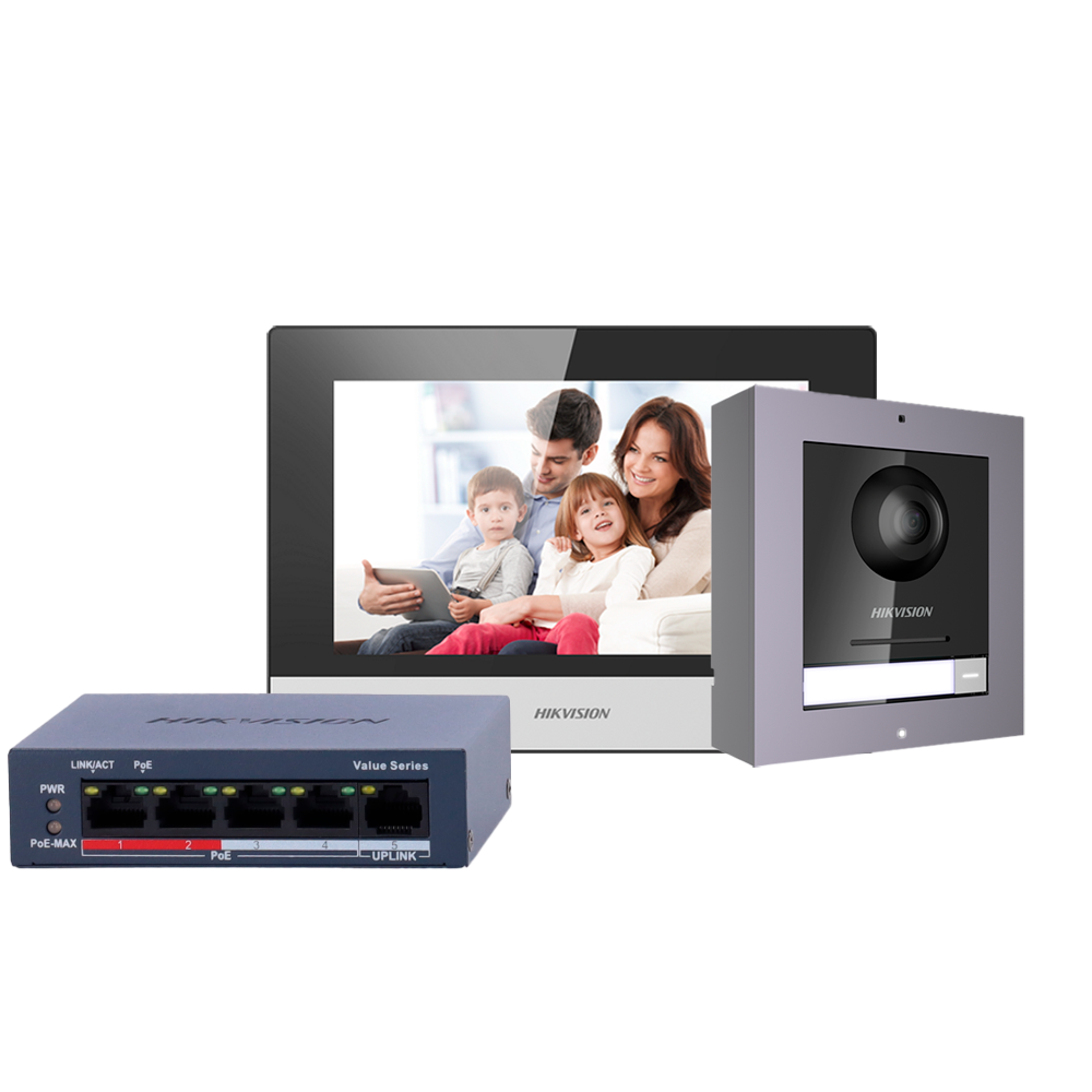 Kit interphone vidéo Hikvision DS-KIS602(B)IP-POE avec 1 bouton d'appel, boîtier noir et moniteur tactile Wi-Fi 7 pouces