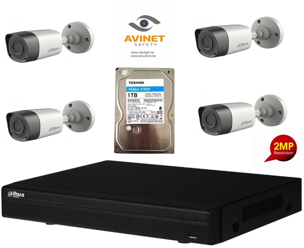 DAHUA 4CH KIT CCTV HDCVI 2MP DVR 4CH &amp; 4X Camera Binnen/Buiten Bullet 2MP - HD 1TB