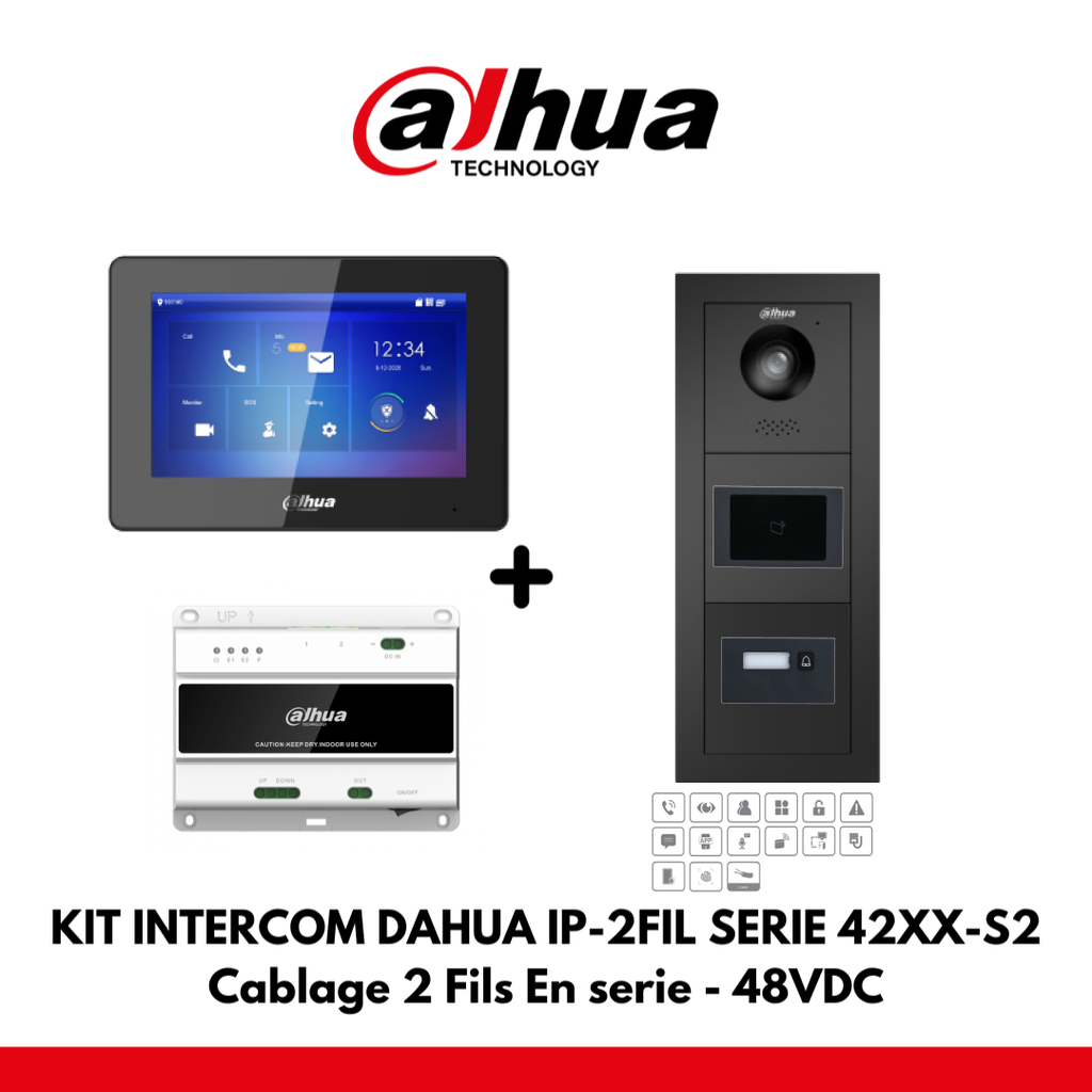 Dahua Villa Kit Module 1x Buttons IP - 2 Wires - Card Reader 48VDC + 7&quot; Color Monitor Black Color