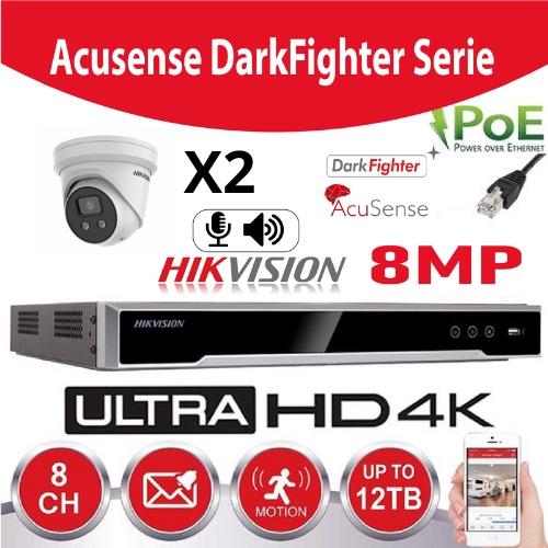 Hikvision Set IP-Darkfighter - Acusense G2-serie 2x DS-2CD2386G2-IU - 2,8 mm 8 megapixel (4K) torentje Ingebouwde microfoon + recorder NVR 4-kanaals DS-7604XI-K1/4P - Harde schijf 2 TB