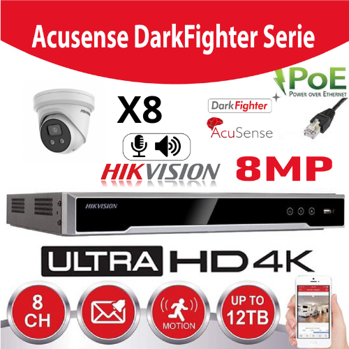 Hikvision IP-Kit Accusense G2 8 x DS-2CD2386G2-IU 8MP Darkfighter / Acusense Audio Turret Camera - recorder NVR 8-kanaals DS-7608NXI-K1/8P - 4TB harde schijf geïnstalleerd