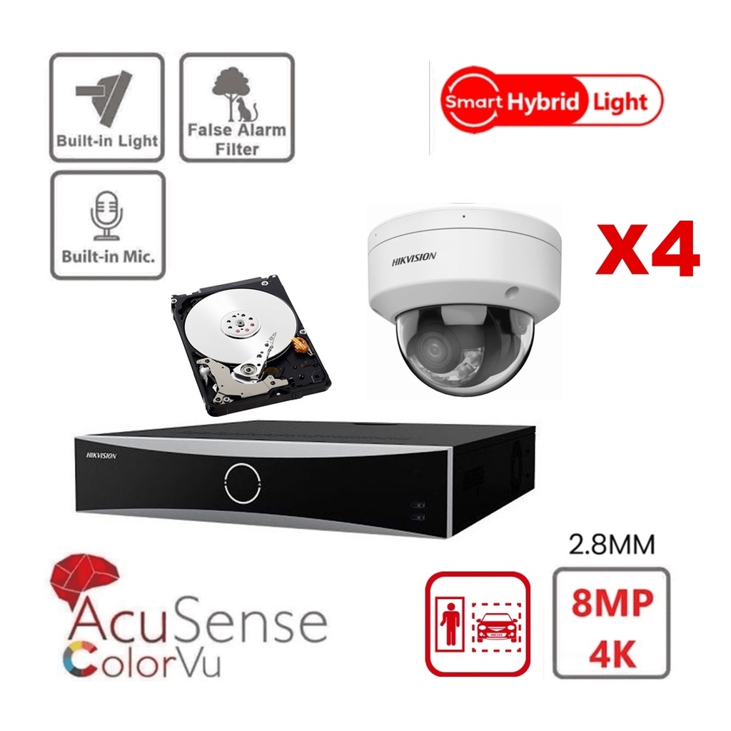 HIKVISION Camera Kit Acusense - Smart Hybrid Light met ColorVu Serie - 4x IP Camera Dome 4k-8MP ingebouwde audio - NVR Acusense NXI Serie 8xChannel met POE - Harde schijf 4TB Uitbreidbaar tot maximaal 8x IP Camera