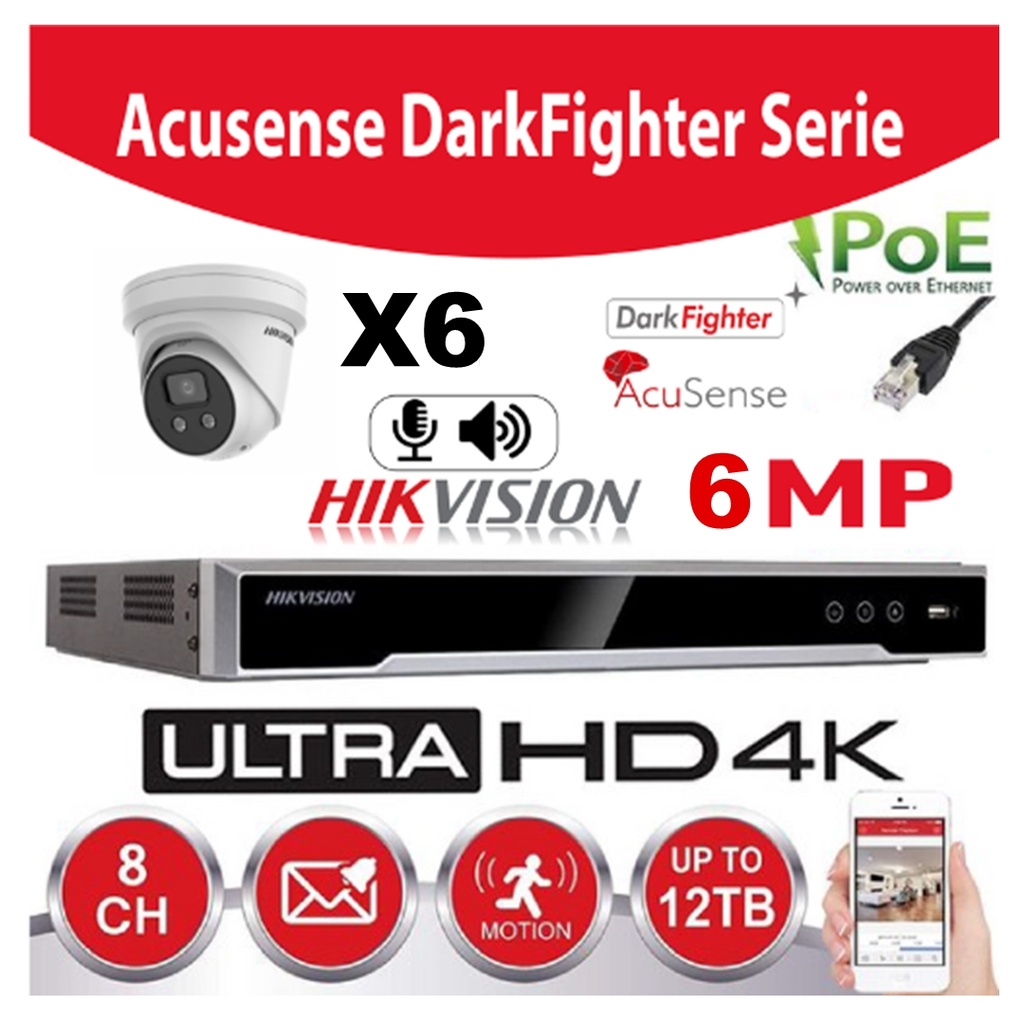 Hikvision Set IP-Darkfighter - Acusense G2 Serie 6x DS-2CD2366G2-IU - 2.8mm 6 megapixel Turret Ingebouwde microfoon + recorder NVR 8-kanaals DS-7608NXI-K1/8P - Harde schijf 6TB