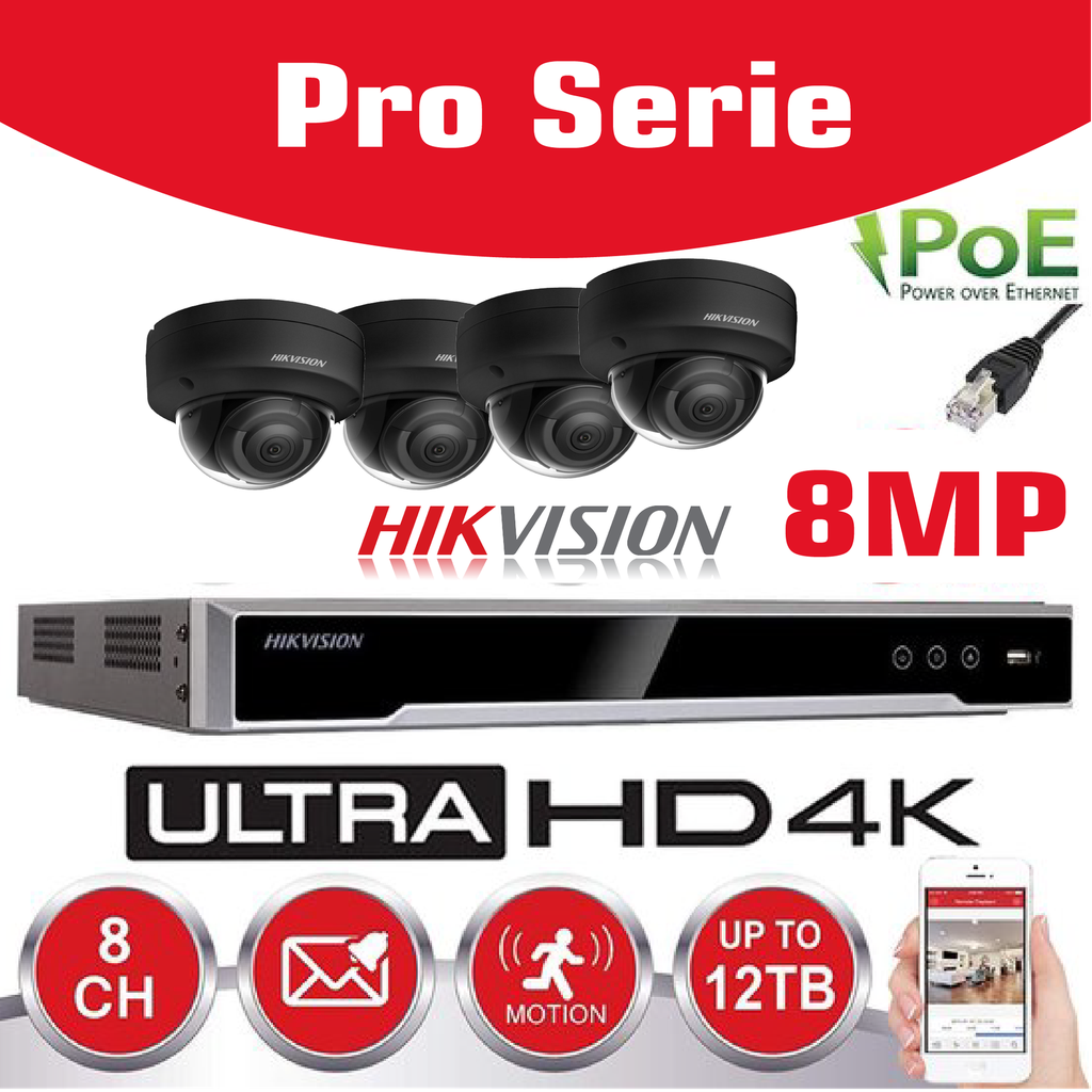 Kit IP Hikvision 4 caméras 8 MP IR / Série Essential - 4 caméras dôme DS-2CD2183G0-IS IR standard 30 m - enregistreur NVR DS-7604NXI-K1/4P 8 canaux - Disque dur 2To installé