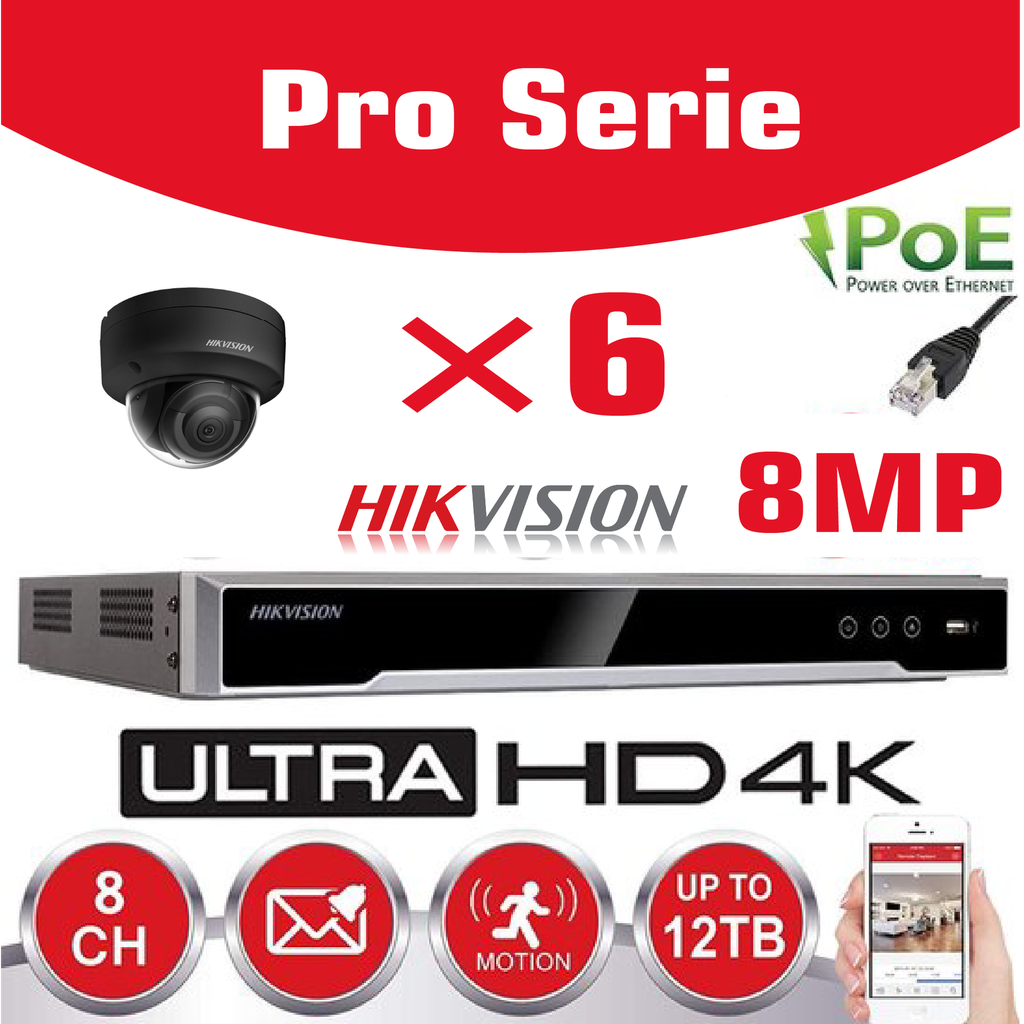 Kit IP Hikvision 6 caméras 8 MP IR / Série Essential - 6 caméras dôme DS-2CD2183G0-IS IR standard 30 m - enregistreur NVR DS-7608NXI-K1/8P 8 canaux - Disque dur 4 To installé