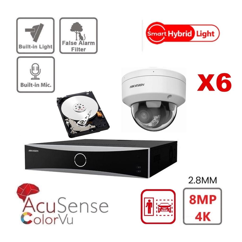 HIKVISION Camera Kit Acusense - Smart Hybrid Light met ColorVu Serie - 6x IP Camera Dome 4k-8MP ingebouwde audio - NVR Acusense NXI Serie 8xChannel met POE - Harde schijf 6TB Uitbreidbaar tot maximaal 8x IP Camera