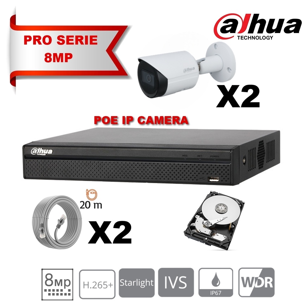 DAHUA Lite Kit Serie  IP 8MP 2x Camera Bullet Vast 2.8mm-IR 30M + 8 Kanalen POE NVR + 2TB harde schijf speciale bewaking
