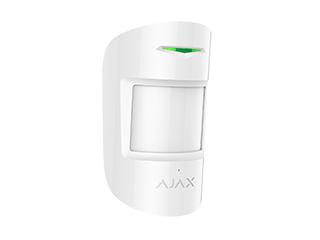 Ajax CombiProtect-W - Détecteur de mouvement et de bris de vitre sans fil combiné. Blanc, capteur PIR jusqu'à 12 m x 88,5°, résistant aux animaux jusqu'à 20 kg, détecteur acoustique de bris de vitre jusqu'à 9 m x 180°, pile CR123A.