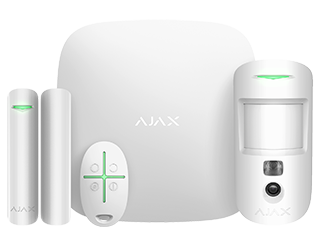 Ajax Hub 2 Kit (White): Hub 2 with IP and dual GSM, PIRCAM, magnetic contact, and remote control.