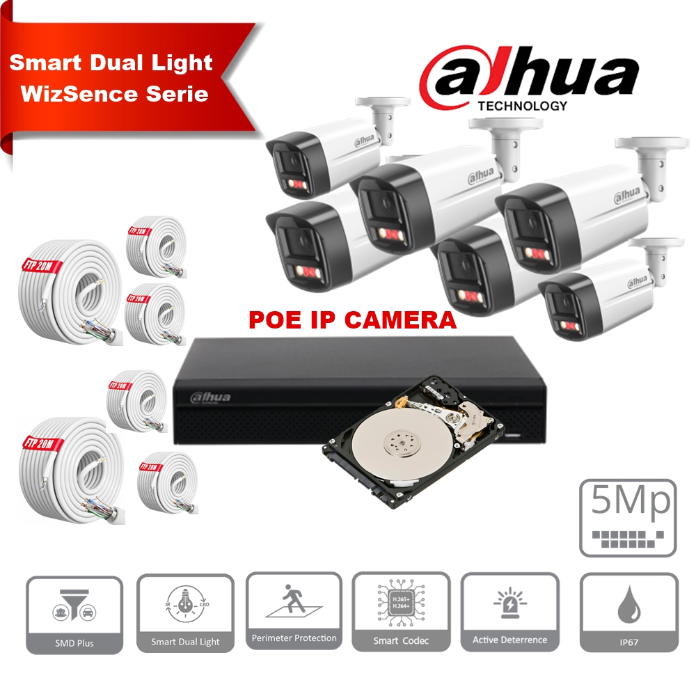 DAHUA Smart Dual Light WizSense-serie Active Deterrence 30m IP-camerakit - 6x 5 megapixel 2,8 mm camerabullet + 8 kanalen POE NVR + 4 TB max. 8x camera