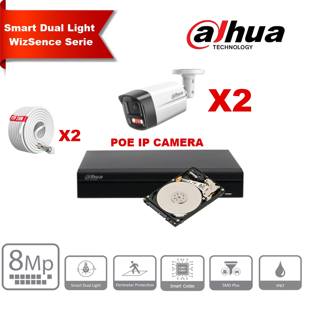 Kit de caméras IP DAHUA Smart Dual Light WizSense  Series 30 m - 2 caméras Bullet 8 mégapixels 2,8 mm + NVR POE 8 canaux + 2 To max. 8 caméras 