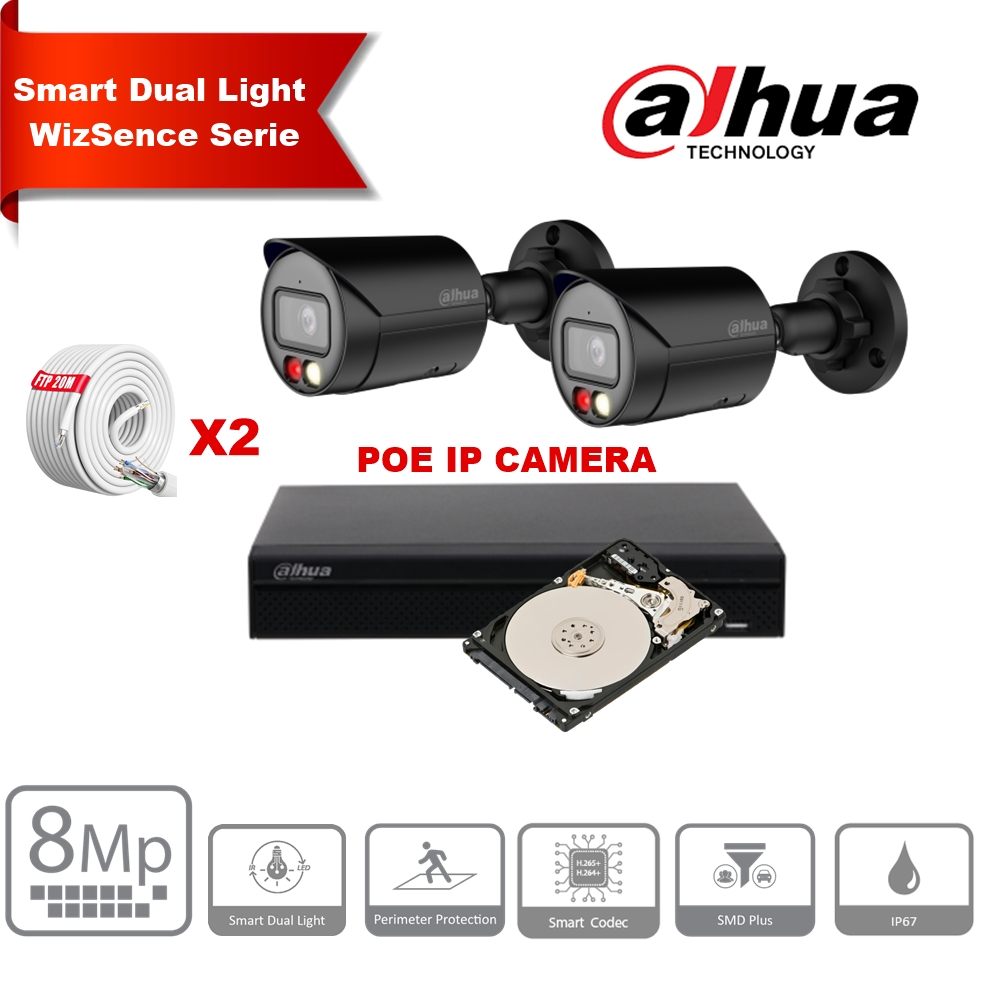 DAHUA Smart Dual Light WizSense-serie  30m IP-camerakit - 2x 8 megapixel 2,8 mm camerabullet Zwart+ 8 kanalen POE NVR + 2 TB max. 8x camera