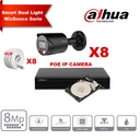 DAHUA Smart Dual Light WizSense Series 30m IP Camera Kit - 8x 8 Megapixel 2.8mm Camera Bullet  Black+ 8 Channels POE NVR + 4TB  