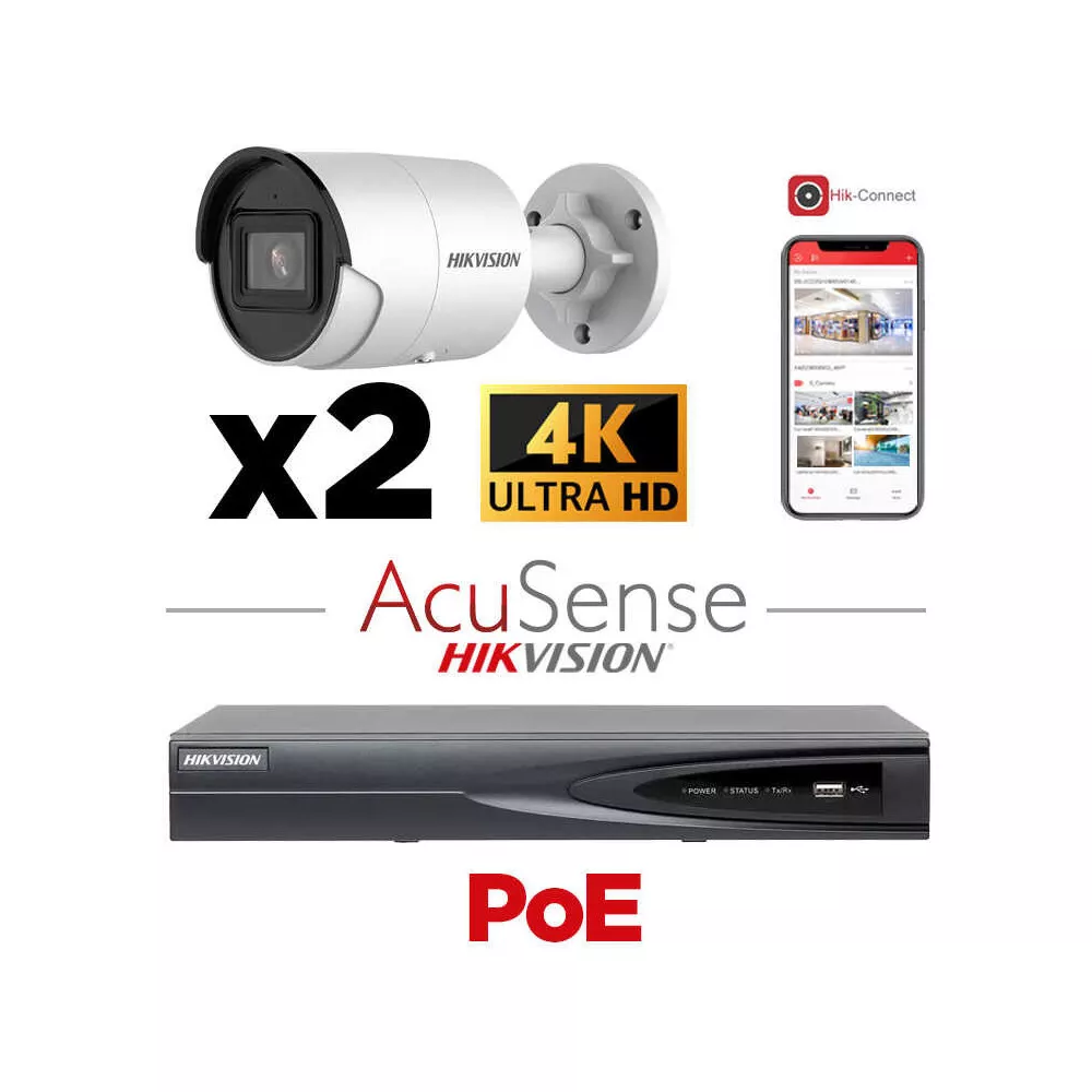 HIKVISION Acusense - Camera Kit - Éclairage hybride intelligent avec ColorVu Série - 2x Caméra IP Bullet 4k-8MP Lumière stroboscopique active et alarme audio -NVR Acusense Série NXI 8x Canaux avec POE - Disque dur 4 To extensible jusqu'à 4x Caméra IP