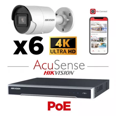 HIKVISION Camera Kit Acusense - Smart Hybrid Light met ColorVu Serie - 6x IP-camera Bullet 4k-8MP Actief stroboscooplicht en audio-alarm - NVR Acusense NXI Serie 8x kanaal met POE - Harde schijf 6 TB Uitbreidbaar tot maximaal 8x IP-camera