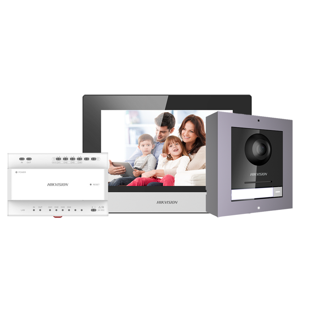 Kit interphone vidéo IP Hikvision DS-KIS702 à 2 fils avec 1 bouton d'appel et moniteur tactile Wi-Fi 7 pouces