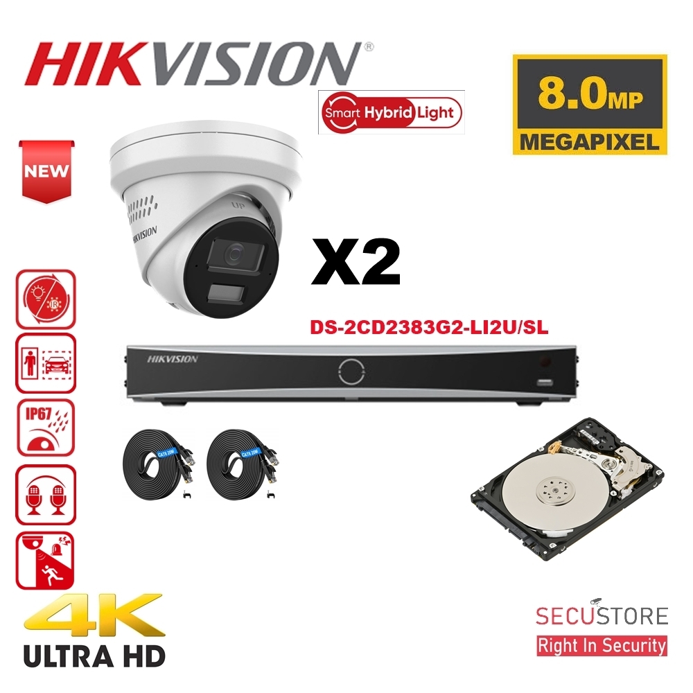 HIKVISION Acusense Camera Kit Up to 4x - Smart Hybrid Lighting - 4K-8MP White IP Turret Camera with Active Strobe Light and Audio Alarm - Dual Microphones - Acusense NXI Series 4x Channel NVR with PoE for up to 4x IP Cameras