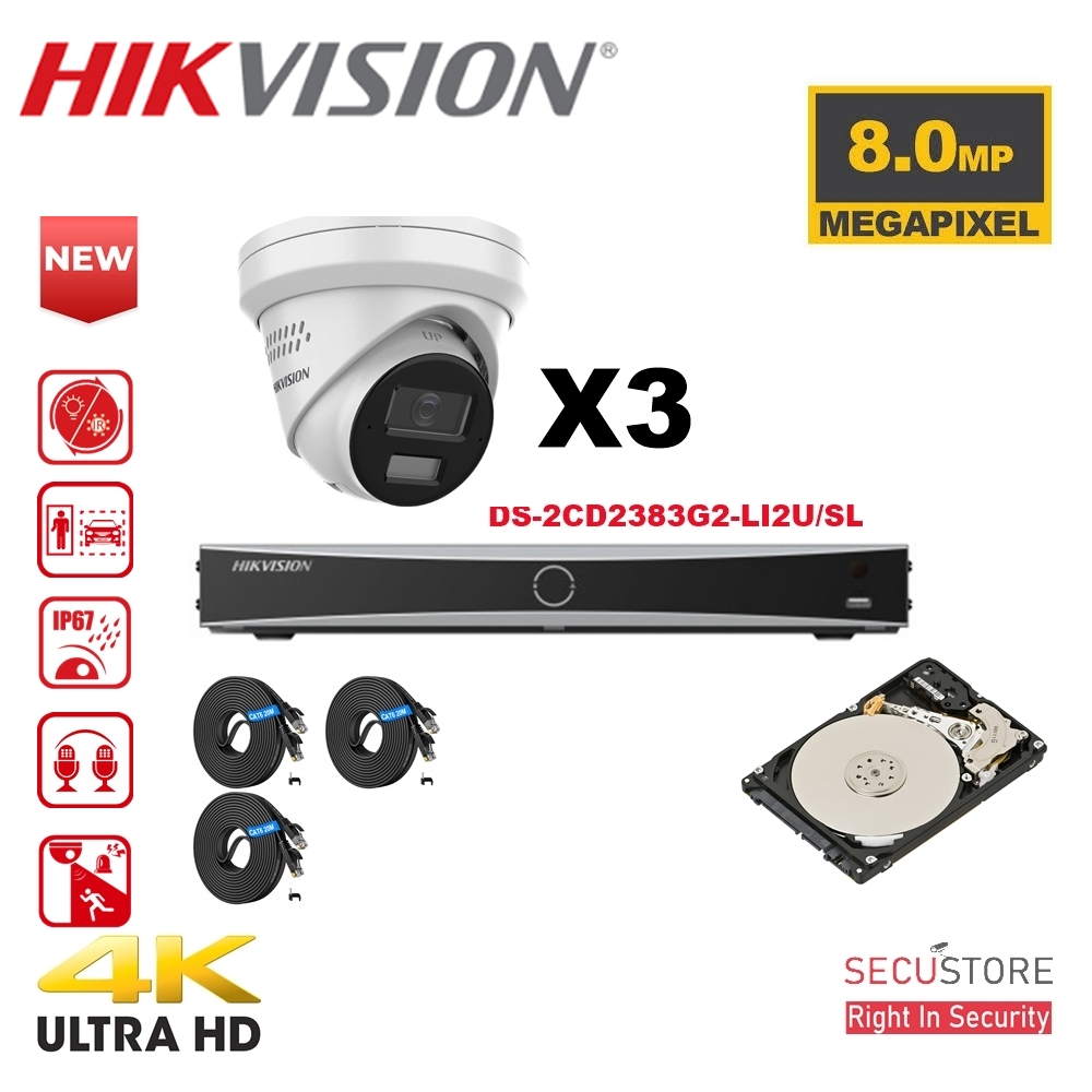 HIKVISION Camera Kit Acusense - Smart Hybrid Light e - 3x IP Camera Turret 4k-8MP Active Strobe Light and Audio Alarm - NVR Acusense NXI Series 4xChannel with POE - Hard Drive 2TB Expandable up to 4x IP Cameras  
