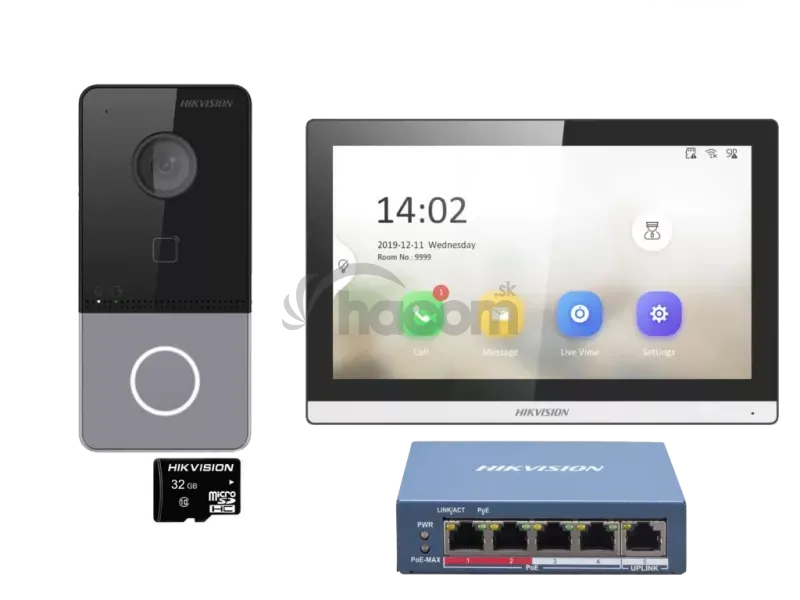 Hikvision DS-KIS607-S Kit interphone vidéo IP PoE pour villa : 1 bouton d'appel, montage en surface, écran tactile Wi-Fi 7 pouces et commutateur PoE 5 ports.