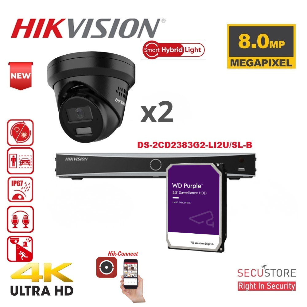 Kit de surveillance HIKVISION Acusense jusqu'à 8 caméras : éclairage hybride intelligent, caméra tourelle IP noire 4K-8MP avec stroboscope actif et alarme sonore, deux microphones, enregistreur vidéo réseau (NVR) Acusense série NXI 8 canaux avec PoE pour jusqu'à 8 caméras IP, disque dur 4 To préinstallé.