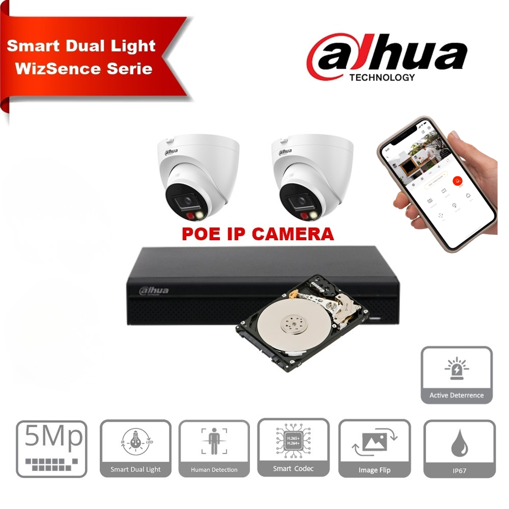 Dahua AI-WizSense IP CCTV-kit – Tot 8 witte turretcamera's van 5 MP (IPC-HDW2549-S-PV-2.8mm), slimme dubbele verlichting, hoorbaar en visueel alarm + WizSense 8-kanaals PoE NVR – 4 TB harde schijf voorgeïnstalleerd.