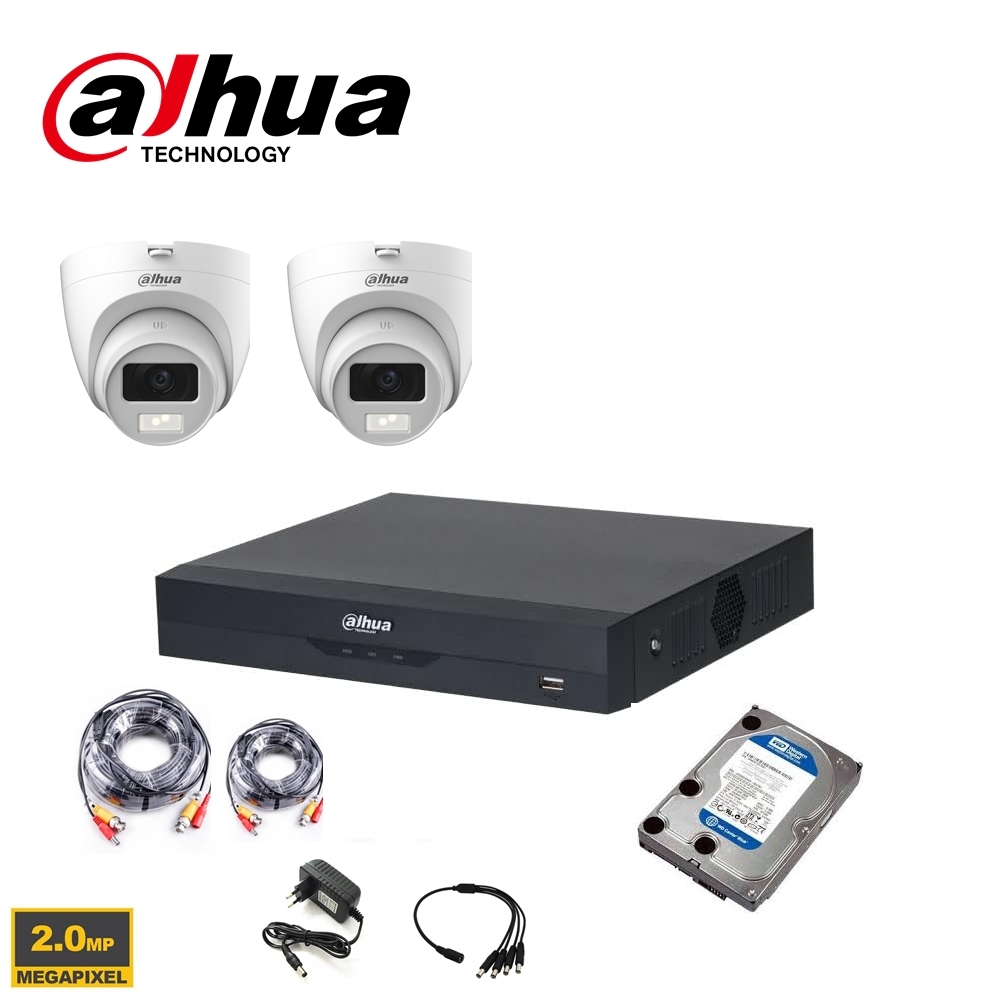 Dahua bewakingscameraset analoog HDCVI 2MP - DVR XVR 4CH - 2x/4x turretcamera 2MP Smart Dual Light 2.8mm binnen/buiten - 2 tot 8 camera's - 1TB harde schijf voorgeïnstalleerd