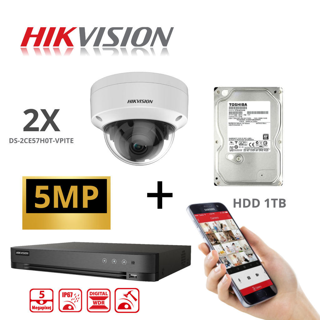 Hikvision bewakingscameraset Analog TurboHD 5MP - 8-kanaals kit DVR - 2x/4x/6x/8x domecamera 5MP DS-2CE57HOT-VPIT 2,8 mm + 1TB harde schijf