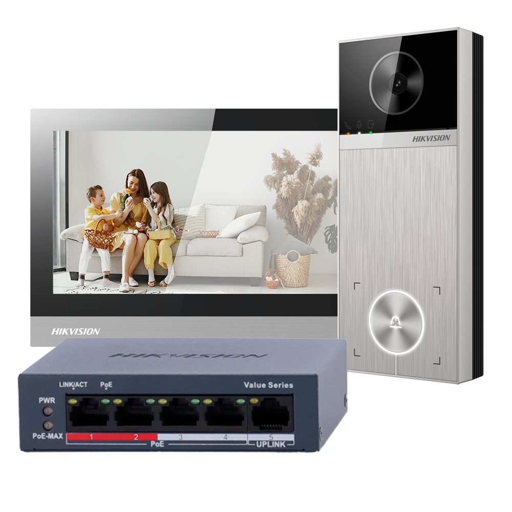 Kit interphone vidéo IP-PoE Hikvision DS-KIS613-S, montage en surface, 1 bouton d'appel, moniteur tactile Wi-Fi 7 pouces + commutateur PoE 5 ports
