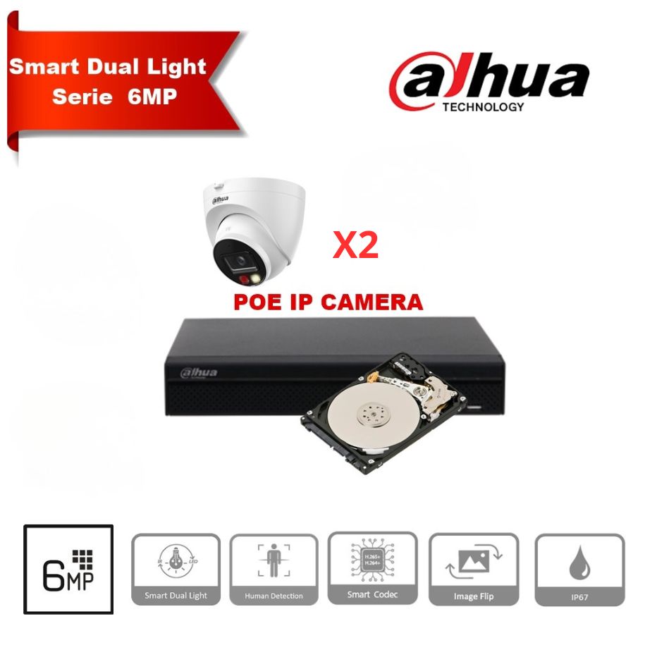 Dahua 6MP IP Kit – Up to 8x DH-IPC-HDW1639T-A-IL PTZ Cameras, Dual Intelligent Illumination, 2.8mm, IP67 + 8-Channel PoE NVR + 2TB HDD