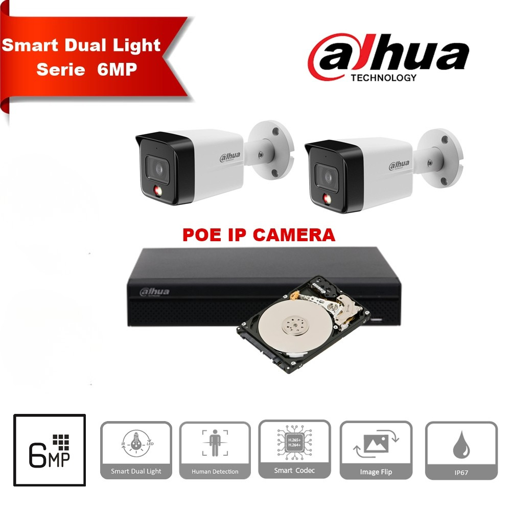 Kit de caméras de surveillance Dahua IP 6MP - 2x/3x/4x/5x/6x/7x/8x, caméras bullet 2,8 mm à double éclairage, IP 67+, NVR PoE NVR2108HS-P-4KS2 8 canaux - disque dur 4 To. Préinstallé.