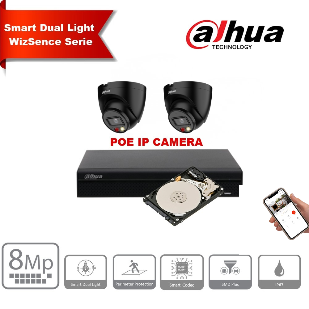 Kit de caméras IP Dahua WizSense 8 MP 4K (Noir) – Jusqu'à 8 caméras IP noires de type « Turret », NVR PoE 8 canaux et disque dur de 6 To