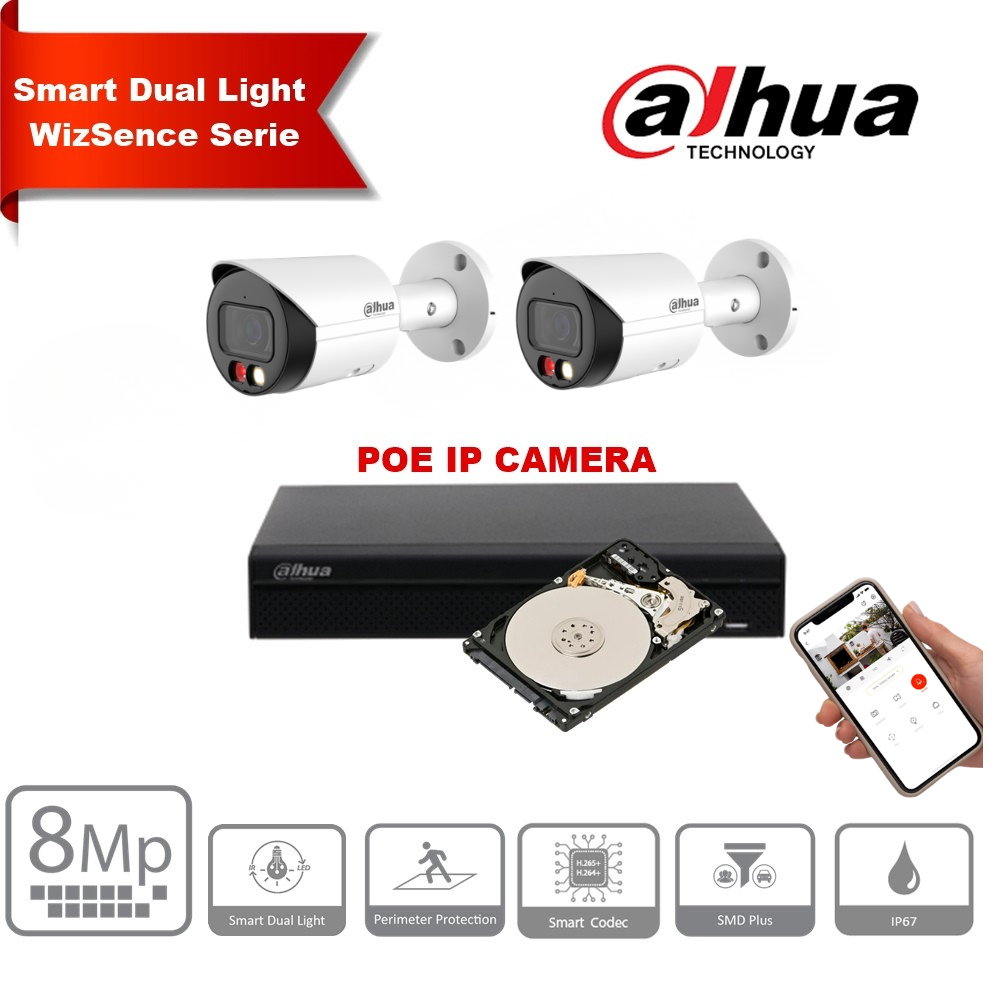 Kit de caméras IP Dahua WizSense 8 MP 4K – Jusqu'à 8 caméras IP Bullet, NVR PoE 8 canaux et disque dur de 6 To