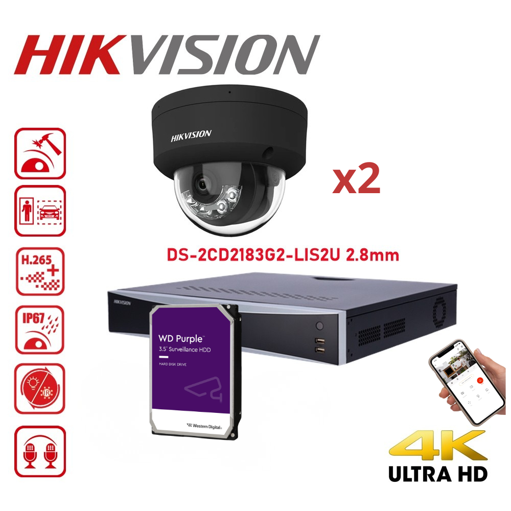 HIKVISION IP AcuSense 4K Video Surveillance Kit – 8 MP – Up to 8 cameras – PoE – 4TB HDD – Black DS-2CD2183G2-LI2U IP 4K 8 MP Dome cameras with Smart Hybrid Light, active deterrence, and audio.