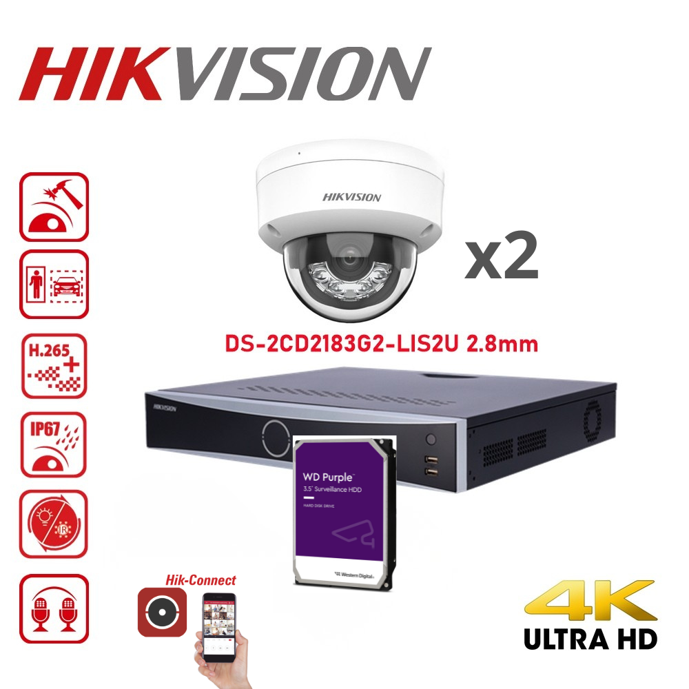 HIKVISION Acusense bewakingscameraset (tot 8 camera's) - Intelligente hybride verlichting - 4K 8MP IP-domecamera wit met dubbele microfoon - Acusense NXI-serie 8-kanaals NVR met PoE (tot 8 IP-camera's) - Voorgeïnstalleerde harde schijf van 4 TB