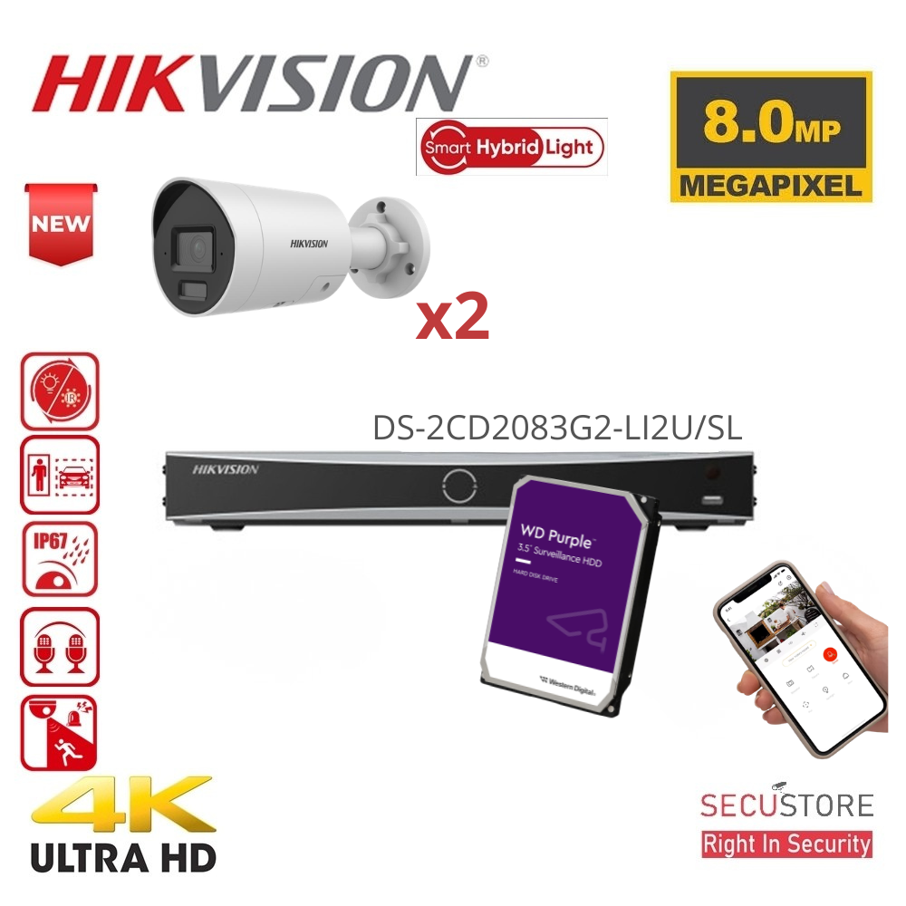 Kit de caméras IP de surveillance HIKVISION Acusense 8MP - 2/3/4/5/6/78 caméras IP Bullet 4K-8MP avec éclairage hybride intelligent - Microphone, stroboscope et alarme sonore intégrés - NVR Acusense série NXI 8 canaux avec PoE - Disque dur 4 To préinstallé